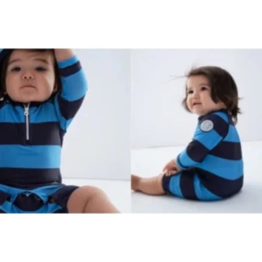 Baby Gap Blue & Navy Striped Rashguard & Bucket Hat Swim Set Baby Size 6-12M